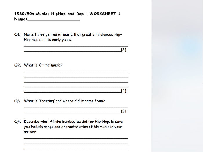 The history of hip hop worksheet