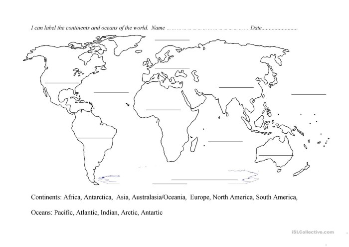 Worksheet on continents and oceans