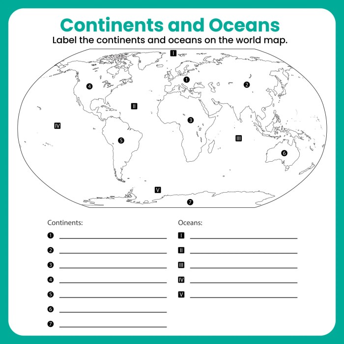 Worksheet on continents and oceans